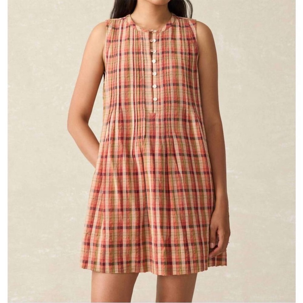 Faherty Isha Dress NWT Sunset Gingham‎ Small S Plaid Check Orange Brown Organic
